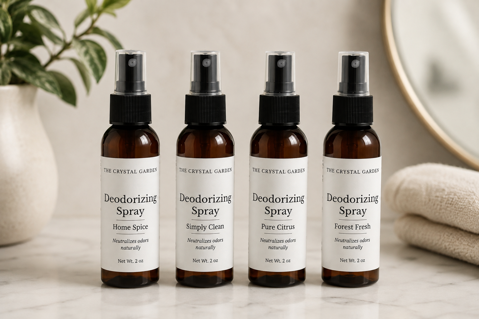 Four amber glass spray bottles of 'The Crystal Garden' Deodorizing Spray in home scent options, arranged on a marble surface with a soft-focus bathroom background.