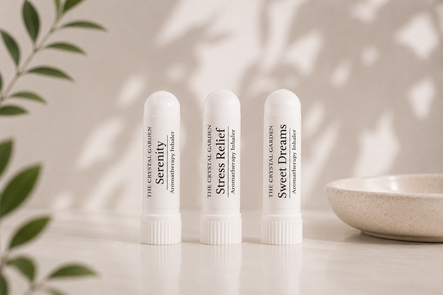 Three white cylindrical lip balm tubes labeled Serenity, Stress Relief, and Sweet Dreams by The Crystal Garden, arranged on a light surface with soft leaf shadows and a small bowl in the background.