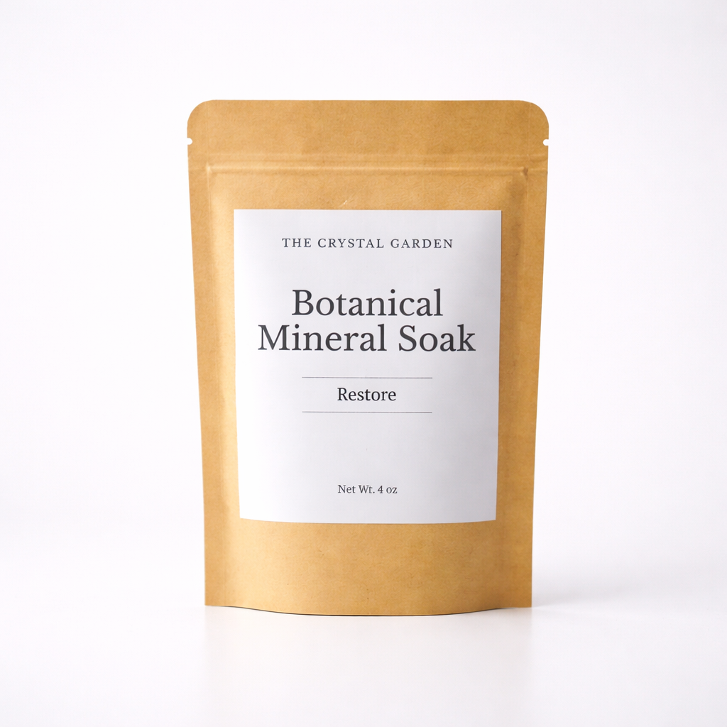 A stand-up kraft paper pouch labeled 'The Crystal Garden Botanical Mineral Soak Restore' on a clean white background.