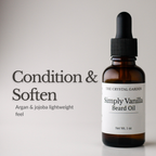 Amber glass dropper bottle of The Crystal Garden Simply Vanilla Beard Oil with a black dropper cap and white label, shown next to text reading 'Condition & Soften' and 'Argan & jojoba lightweight feel' on a light gray background.