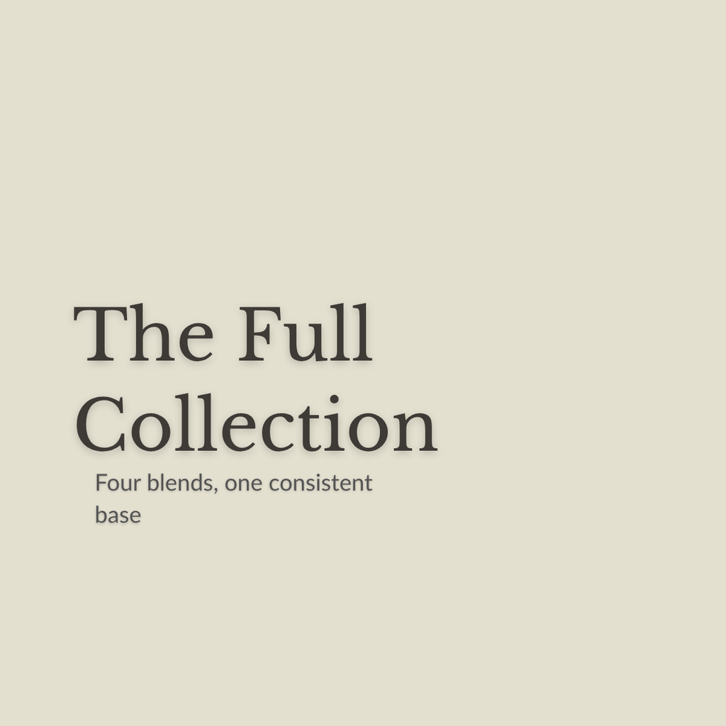 A minimalist beige graphic with the text 'The Full Collection' and smaller text 'Four blends, one consistent base' in dark gray serif and sans-serif fonts.