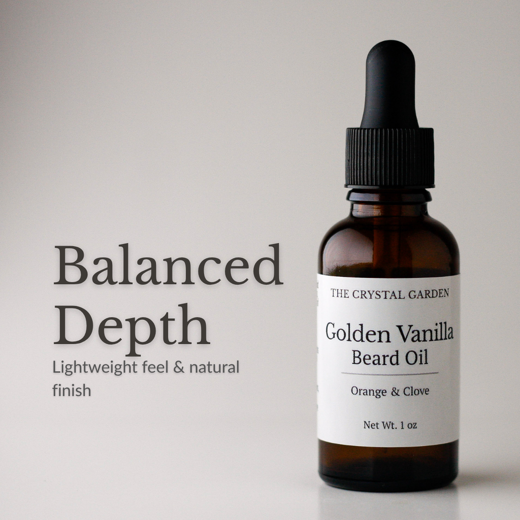 Amber glass dropper bottle of The Crystal Garden Golden Vanilla Beard Oil with a black dropper cap and white label, shown beside the text 'Balanced Depth' on a light gray background.