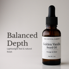 Amber glass dropper bottle of The Crystal Garden Golden Vanilla Beard Oil with a black dropper cap and white label, shown beside the text 'Balanced Depth' on a light gray background.