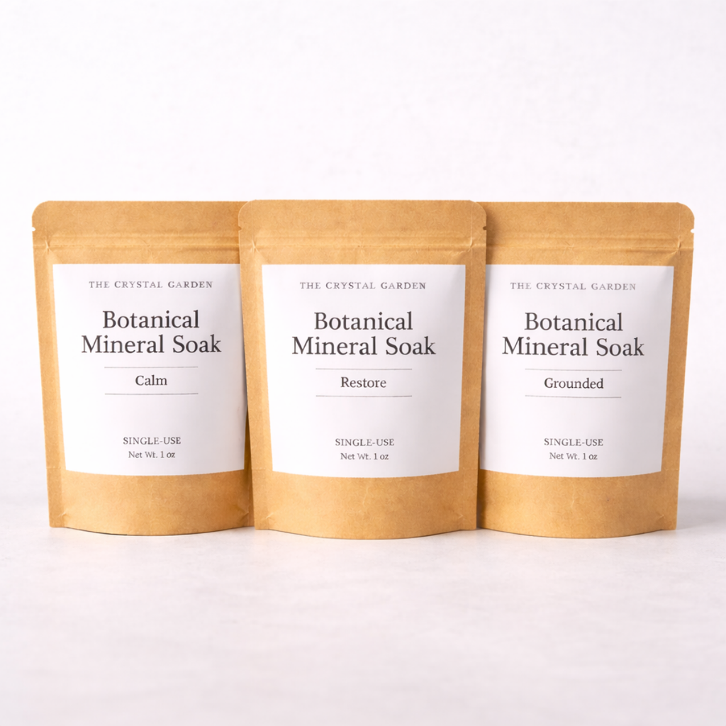 Three stand-up kraft pouches of The Crystal Garden Botanical Mineral Soak arranged side by side on a white surface against a white background. The center pouch is labeled 'Calm' and the side pouches are labeled 'Restore' and 'Grounded'.