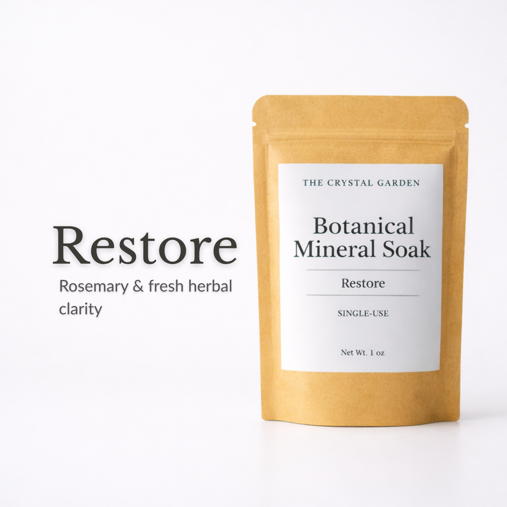 A single-use kraft paper pouch of The Crystal Garden Restore Botanical Mineral Soak, shown next to the text 'Restore Rosemary & fresh herbal clarity' on a clean white background.