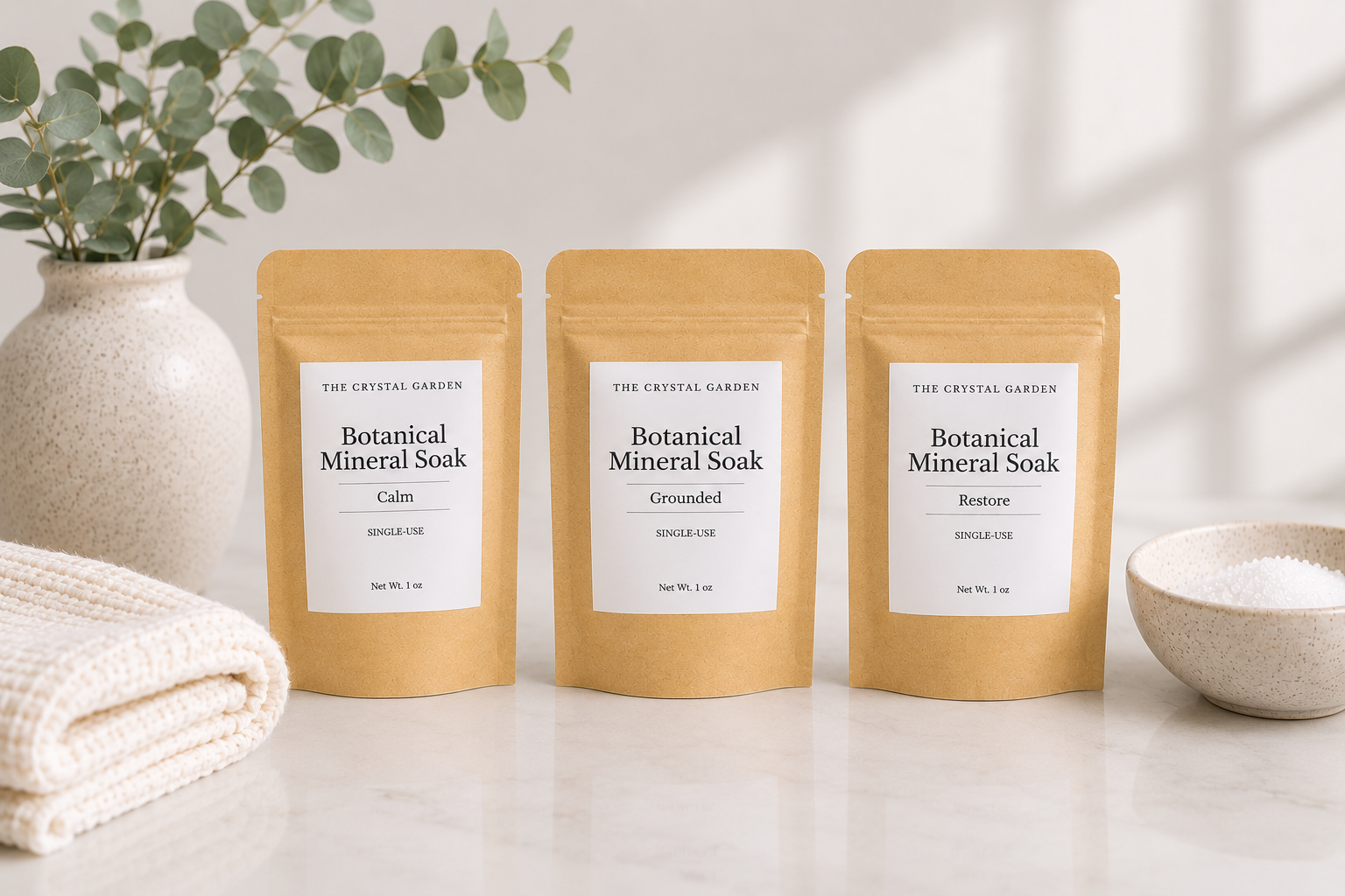 Three stand-up pouches of The Crystal Garden Botanical Mineral Soak arranged on a light marble surface with a folded cream towel, a ceramic vase with greenery, and a small bowl in the background.