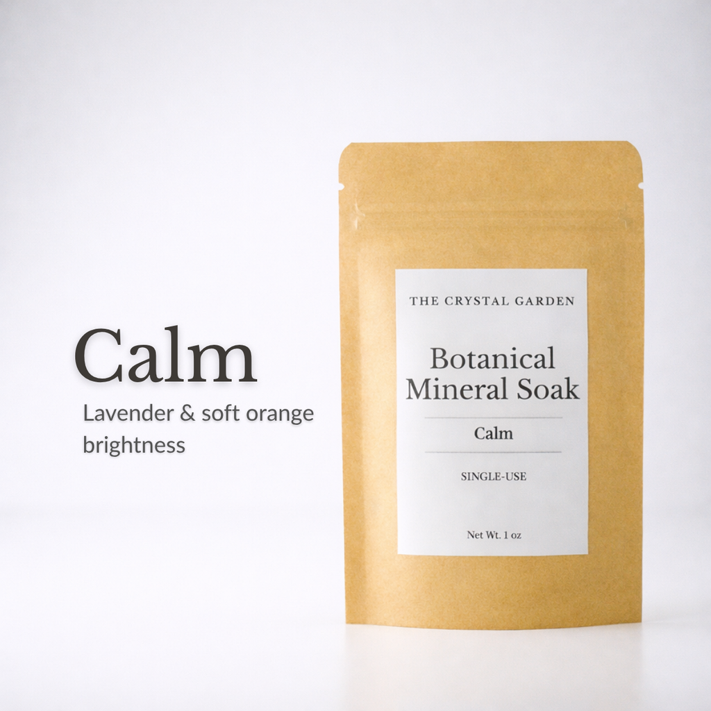 A kraft paper stand-up pouch labeled 'THE CRYSTAL GARDEN Botanical Mineral Soak Calm' on a white background, with text on the left reading 'Calm Lavender & soft orange brightness.'.