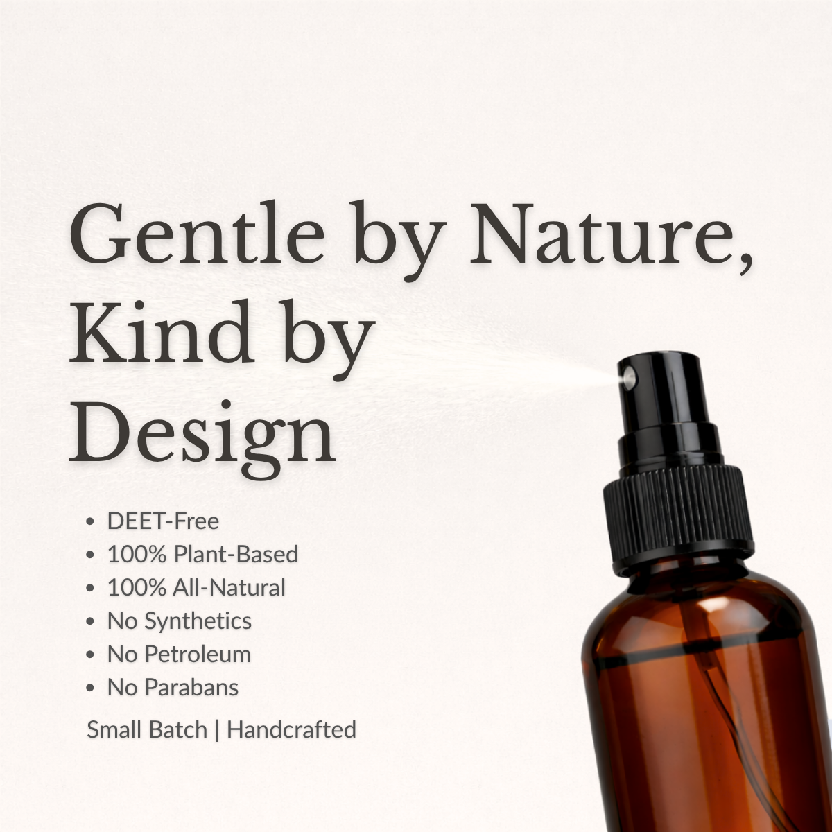 An amber glass spray bottle with a black pump nozzle spraying a fine mist, shown on a light beige background with marketing text reading 'Gentle by Nature, Kind by Design' and bullet points about being DEET-free, plant-based, and synthetic-free.