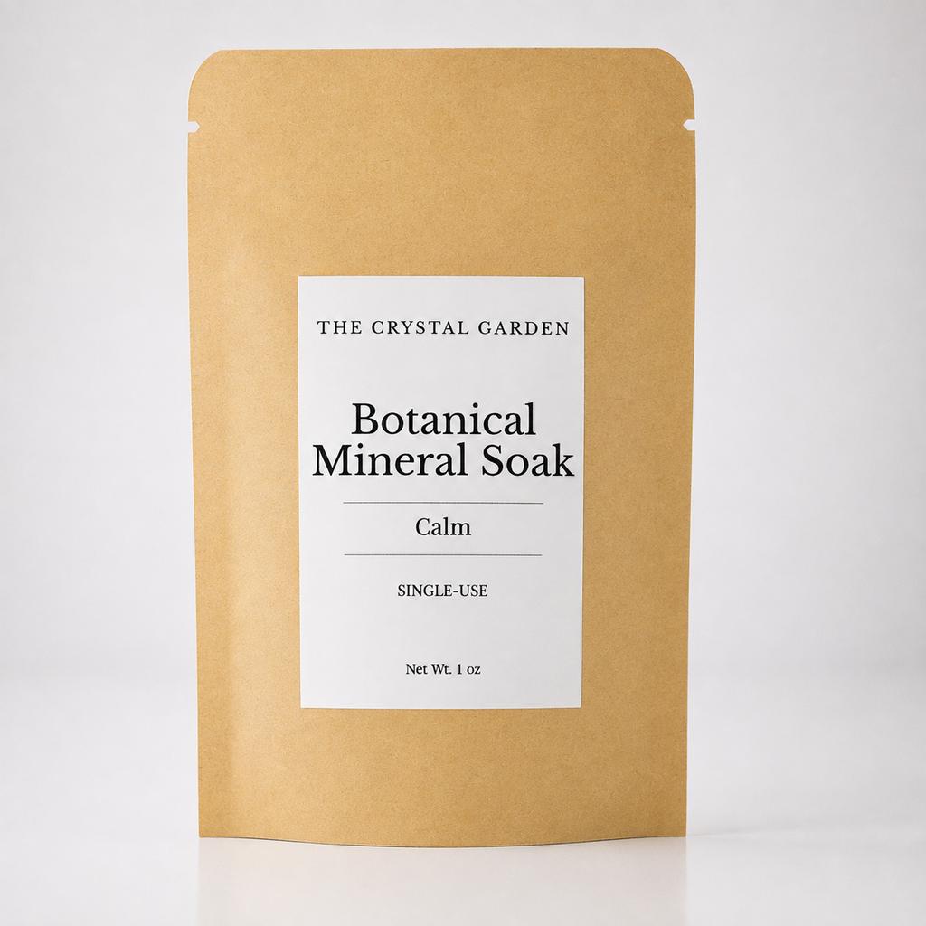 A single-use stand-up pouch of The Crystal Garden Botanical Mineral Soak in the 'Calm' scent, made of natural kraft paper with a white label.