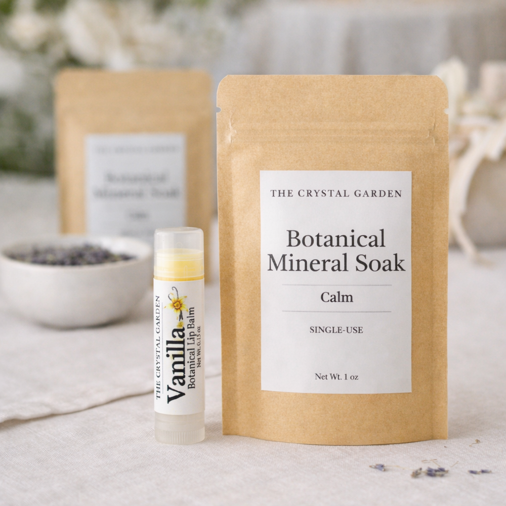 A kraft paper pouch labeled 'The Crystal Garden Botanical Mineral Soak Calm' stands on a light fabric surface next to a small clear tube of lip balm with a yellow cap. A second pouch and a bowl of dried lavender are blurred in the background.