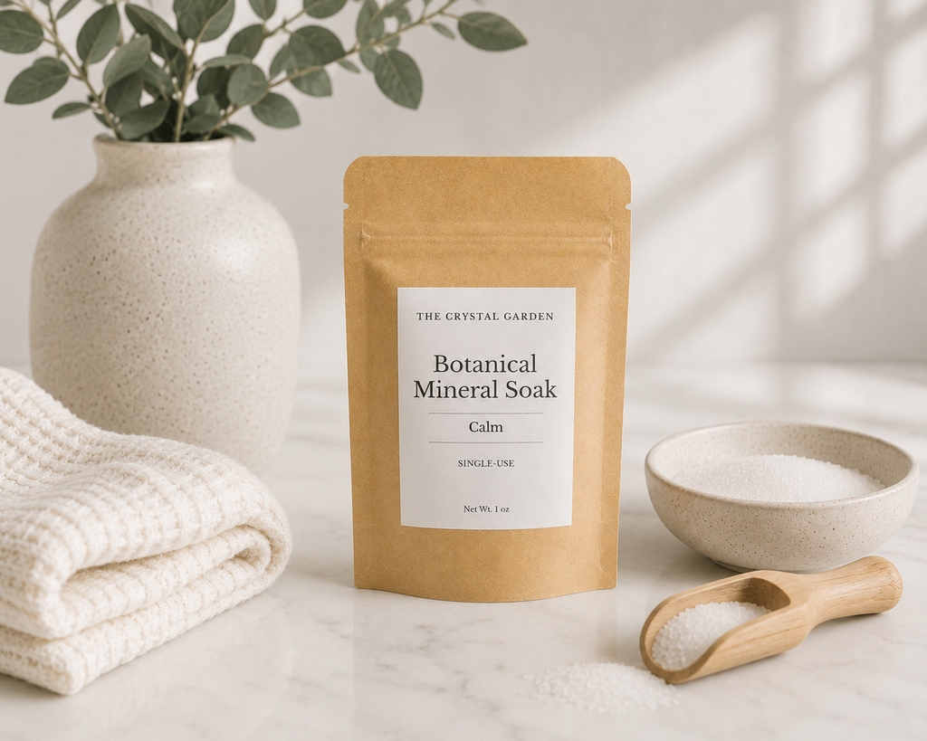 A single-use pouch of The Crystal Garden Botanical Mineral Soak labeled 'Calm' stands on a marble surface with a folded cream towel, a ceramic vase with greenery, and a small bowl of white powder with a wooden scoop nearby.