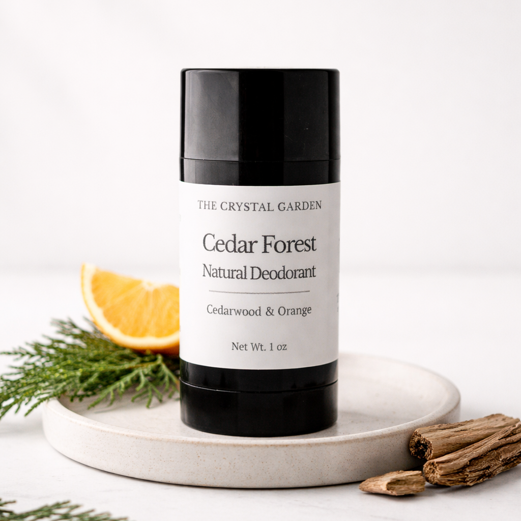 A 1 oz stick deodorant from The Crystal Garden in the Cedar Forest Natural Deodorant scent, displayed on a round white ceramic tray with a slice of orange, greenery, and wood sticks against a white marble background.