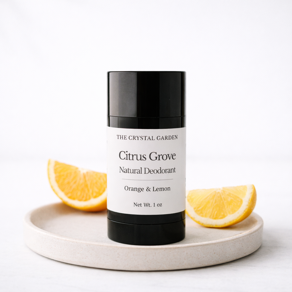 A black and white deodorant stick labeled 'Citrus Grove Natural Deodorant' by The Crystal Garden, styled on a light beige ceramic tray with orange and lemon slices against a white background.
