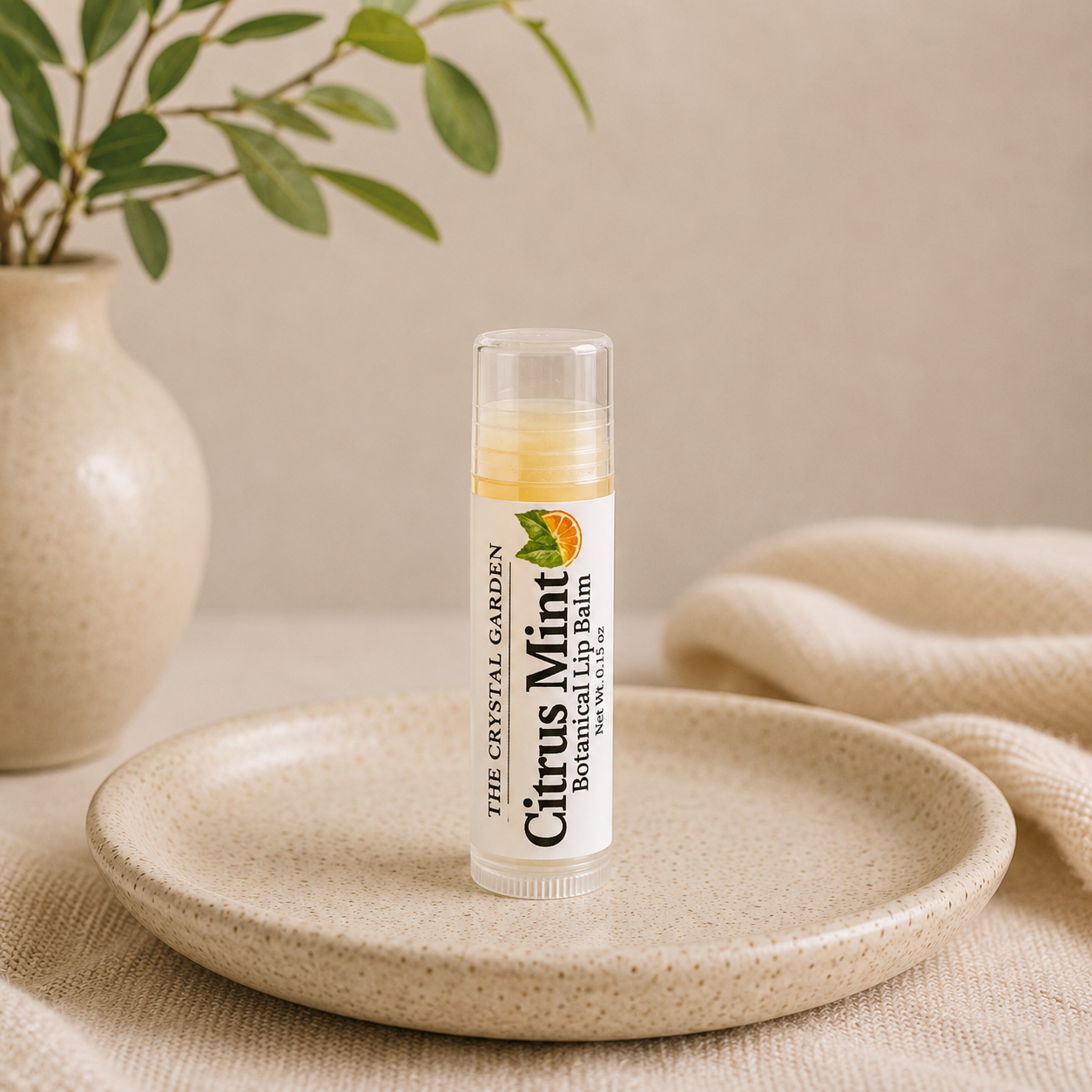 A lip balm tube labeled 'Citrus Mint' by The Crystal Garden, placed on a speckled beige ceramic plate with a neutral beige background, a vase with green leaves, and soft cream fabric.