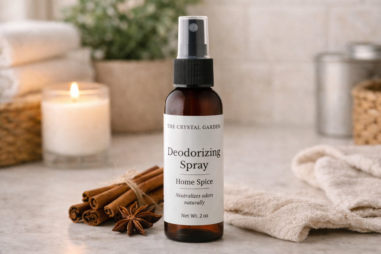 A 2 oz amber glass spray bottle of 'The Crystal Garden' Deodorizing Spray (Home Spice scent) on a marble countertop, styled with cinnamon sticks, a lit candle, and a beige towel.