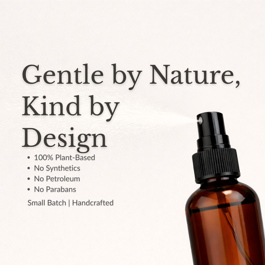 An amber glass spray bottle with a black pump dispenser, shown on the right side of a light cream background with promotional text on the left reading 'Gentle by Nature, Kind by Design' and bullet points about plant-based formulation.