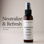 A 2 oz amber glass spray bottle of The Crystal Garden Deodorizing Spray with a black spray cap and white label, shown next to text that reads 'Neutralize & Refresh' on a warm beige background.