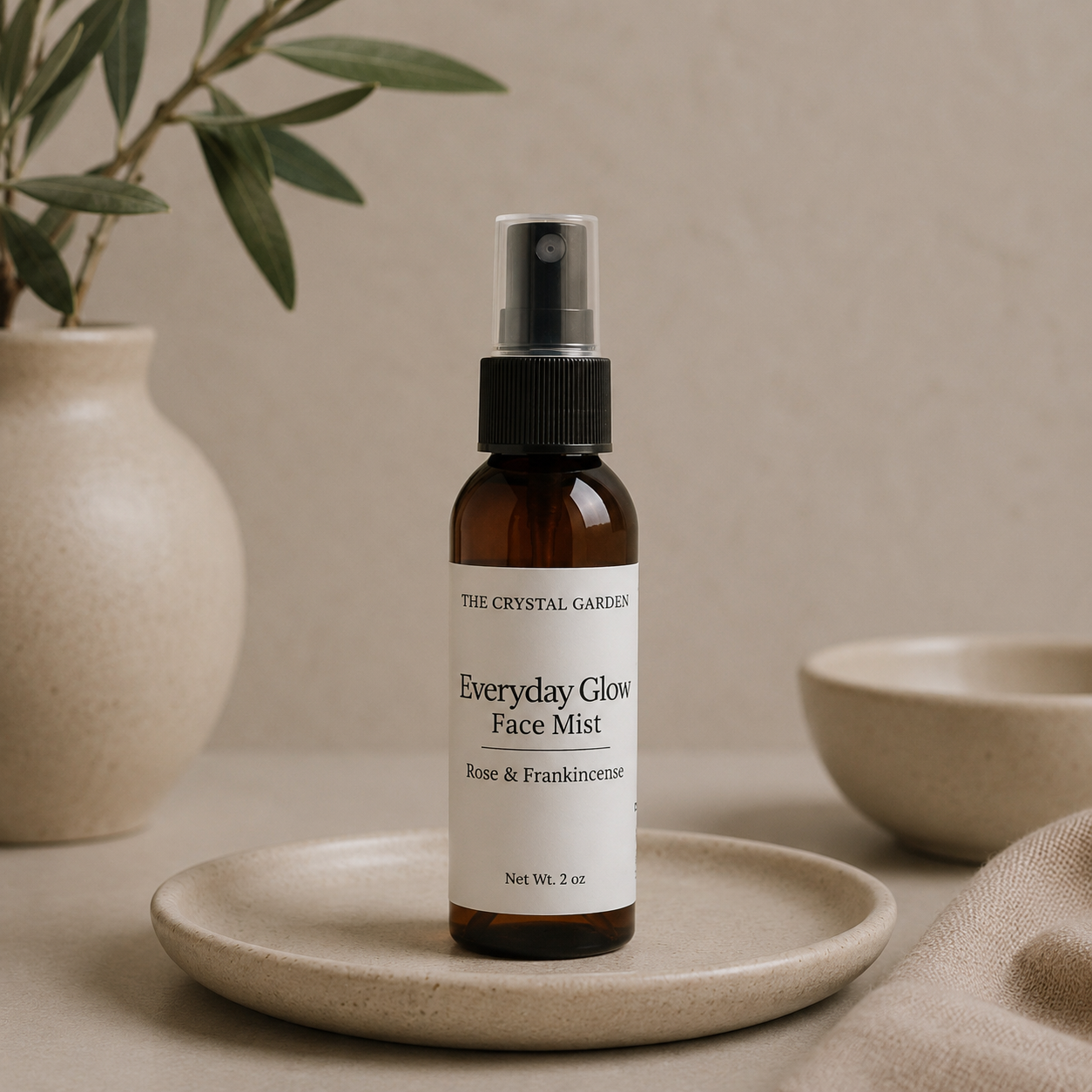 A 2 oz amber glass spray bottle of The Crystal Garden Everyday Glow Face Mist with a white label and black spray cap, styled on a ceramic dish with neutral background props.