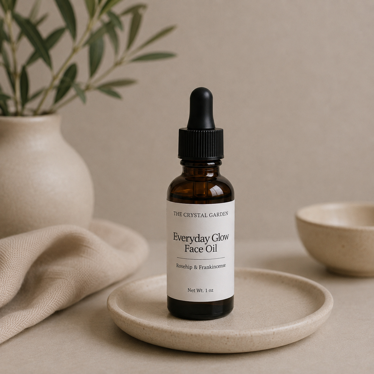 A 1 oz amber glass dropper bottle of 'The Crystal Garden' Everyday Glow Face Oil, styled on a ceramic dish with a neutral beige background and soft-focus props.