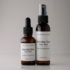 Two amber skincare bottles on a light gray background: a dropper bottle labeled Everyday Glow Face Oil and a spray bottle labeled Everyday Glow Face Mist, both with white labels and black caps.
