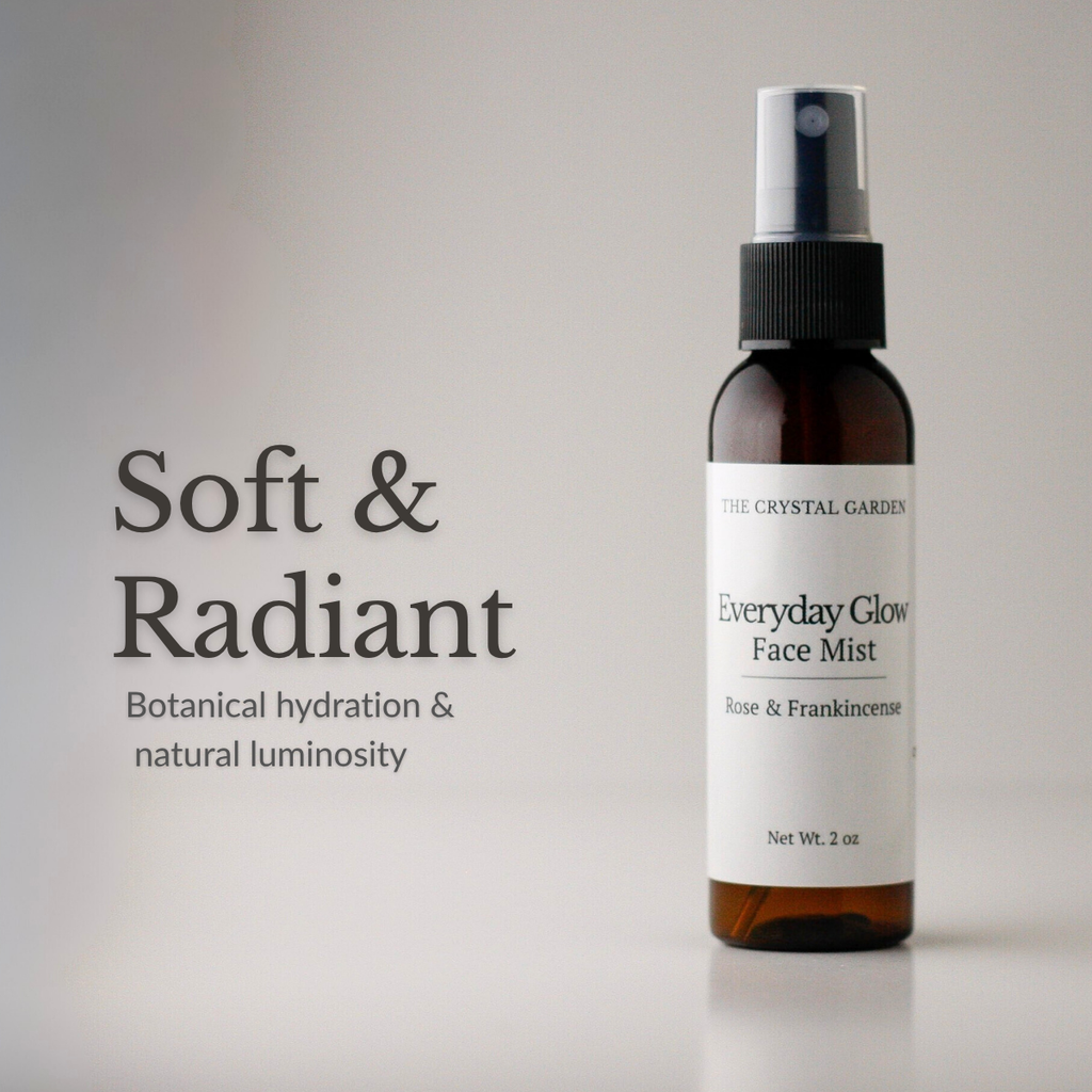 An amber spray bottle of The Crystal Garden Everyday Glow Face Mist with a white label, shown next to text on a light gray background.