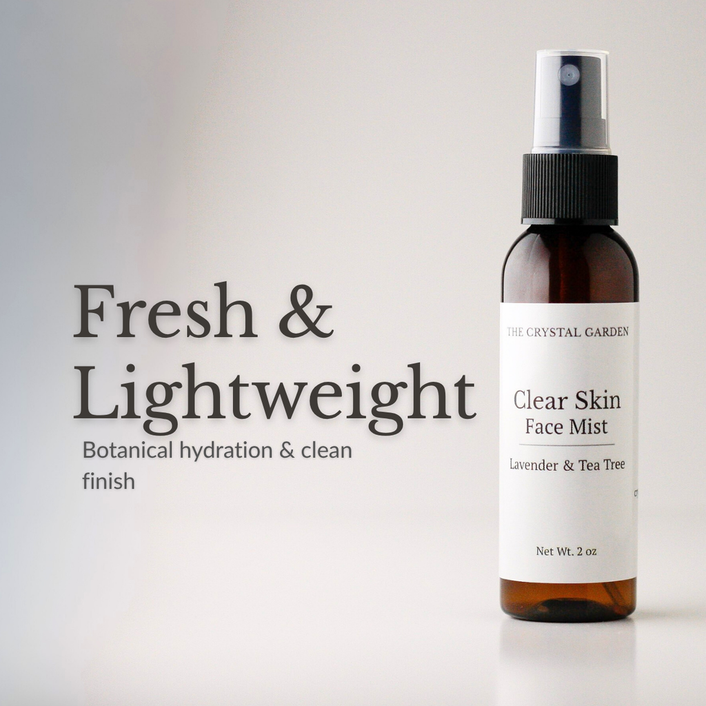 An amber glass spray bottle of face mist with a white label reading 'Clear Skin Face Mist' and 'The Crystal Garden,' shown on a light gray background with the text 'Fresh & Lightweight' and 'Botanical hydration & clean finish.'.