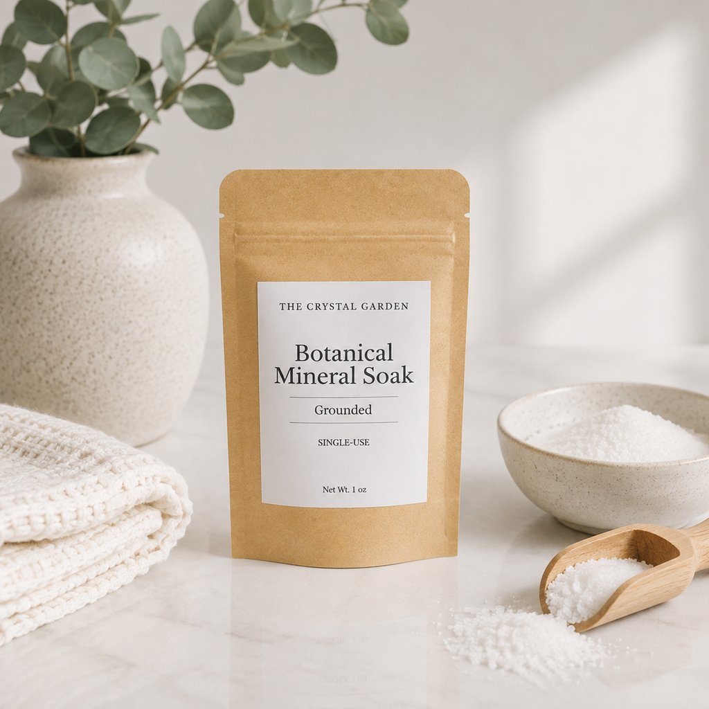 A kraft paper stand-up pouch labeled 'The Crystal Garden Botanical Mineral Soak Grounded' stands on a light marble surface, styled with a folded cream towel, a ceramic vase with greenery, a small bowl of white powder, and a wooden scoop.