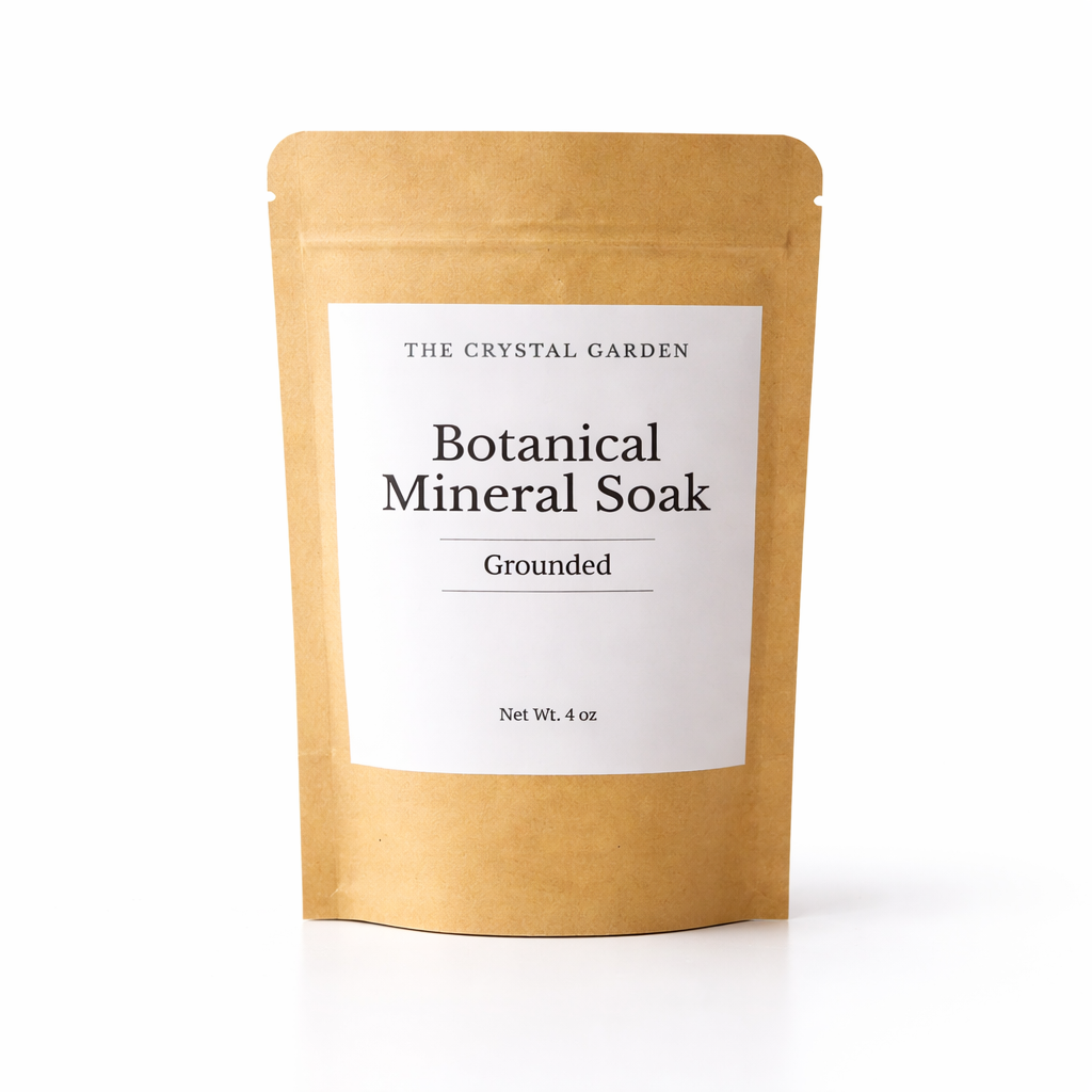 A 4 oz kraft paper stand-up pouch of The Crystal Garden Botanical Mineral Soak (Grounded) on a clean white background.