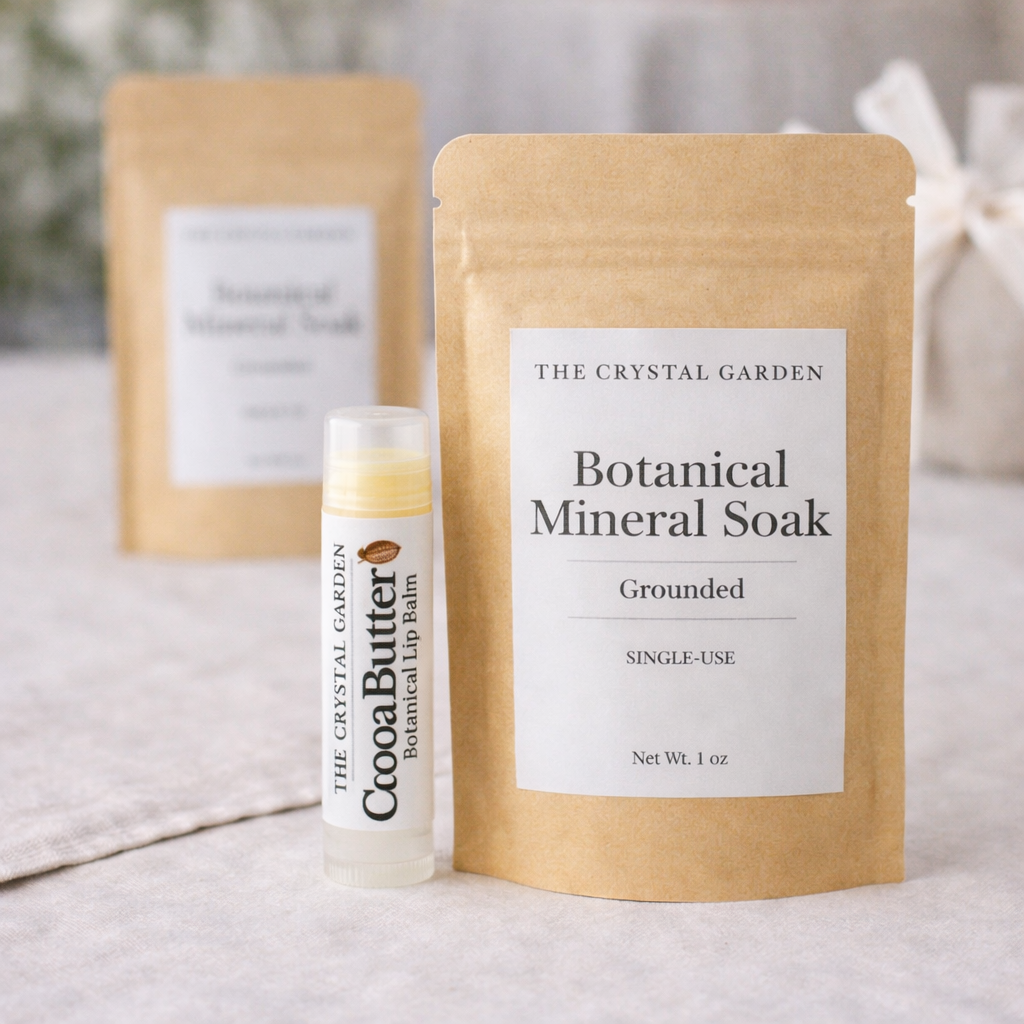 A single-use tube of CooaButter Botanical Lip Balm stands in front of a kraft paper pouch of The Crystal Garden Botanical Mineral Soak on a light stone surface.