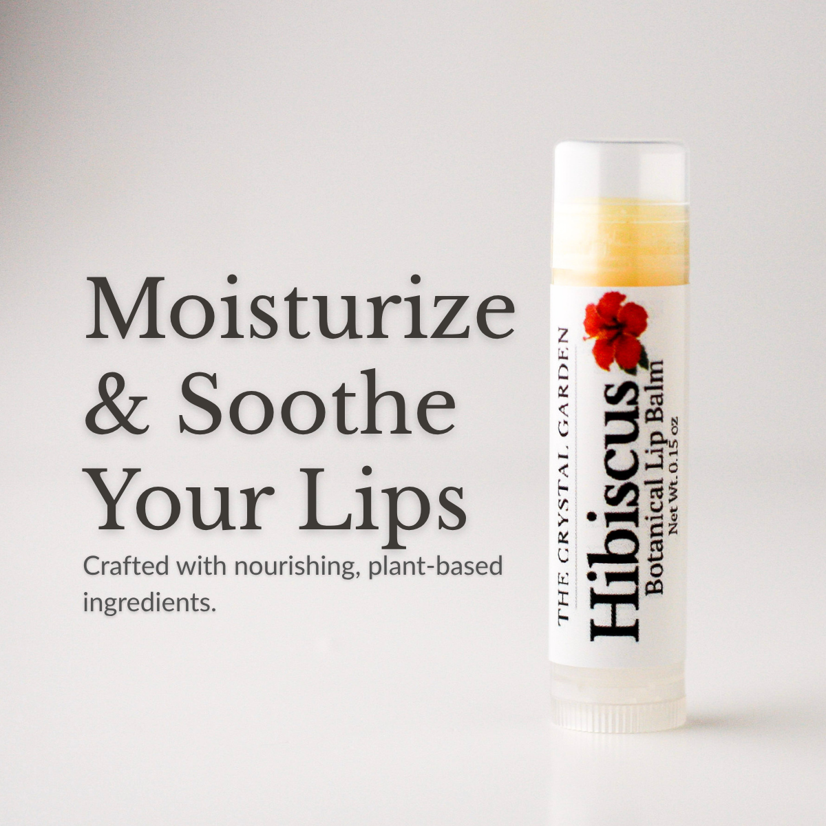 A tube of The Crystal Garden Hibiscus Botanical Lip Balm stands on a white background next to promotional text that reads 'Moisturize & Soothe Your Lips.'.