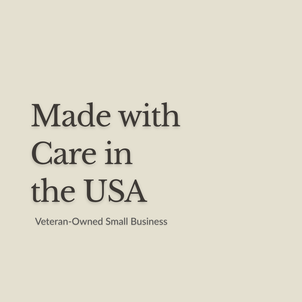 A minimalist beige square graphic with dark gray text reading 'Made with Care in the USA' and smaller text below reading 'Veteran-Owned Small Business'.