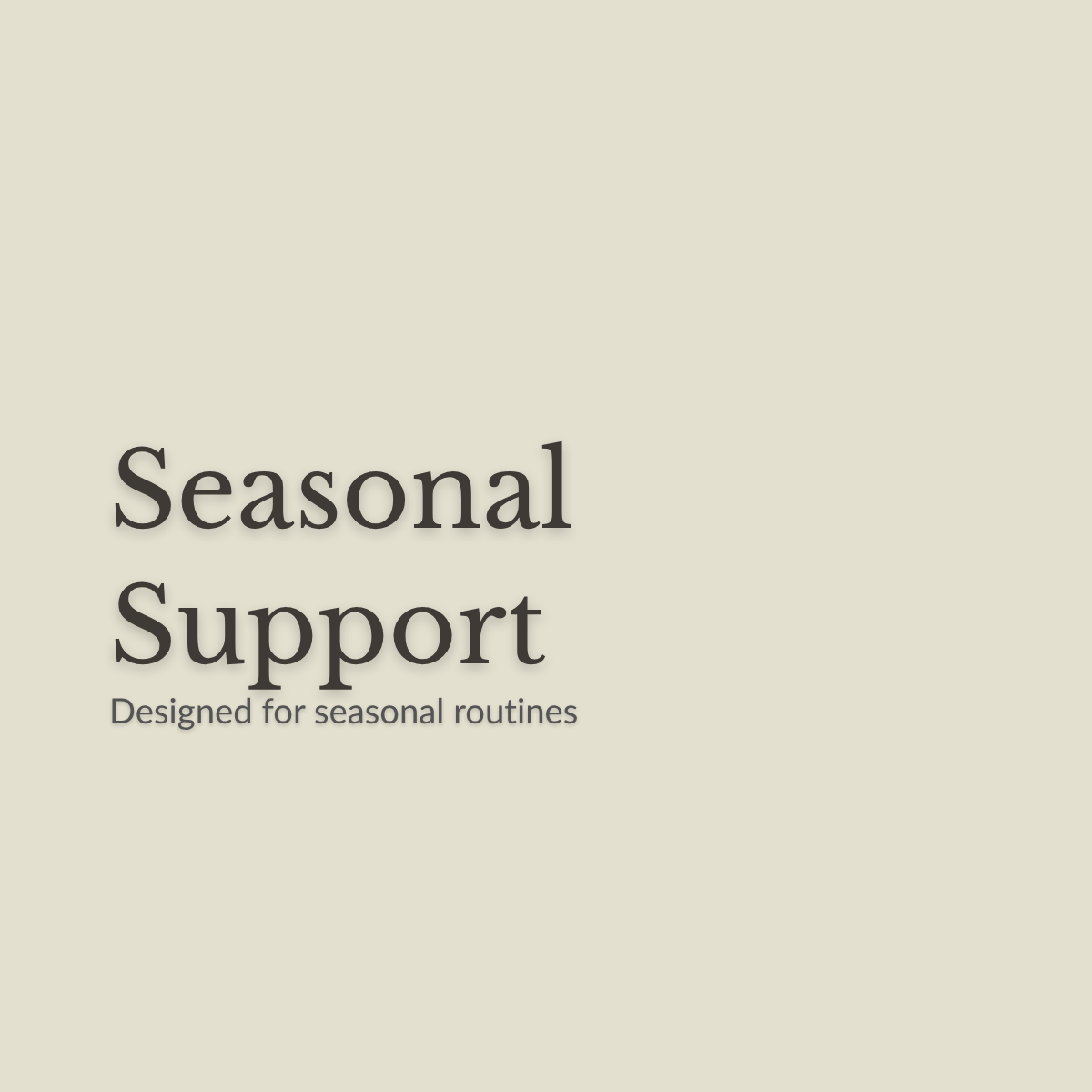 Minimal beige graphic with the words 'Seasonal Support' and smaller text 'Designed for seasonal routines' in dark gray serif and sans-serif type.