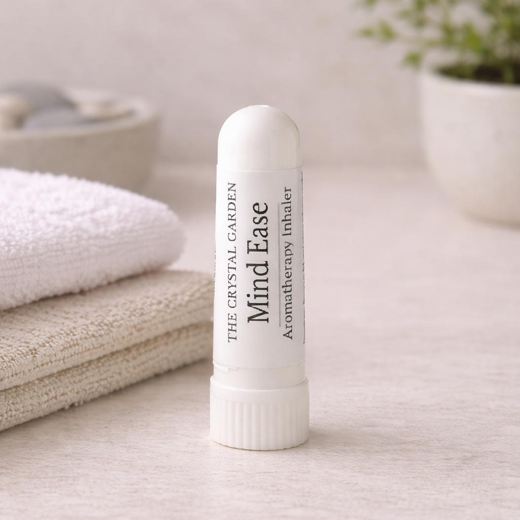 A white cylindrical lip balm or inhaler-style stick labeled 'THE CRYSTAL GARDEN Mind Ease Aromatherapy inhaler' stands on a light surface beside folded white and beige towels, with a blurred plant in the background.