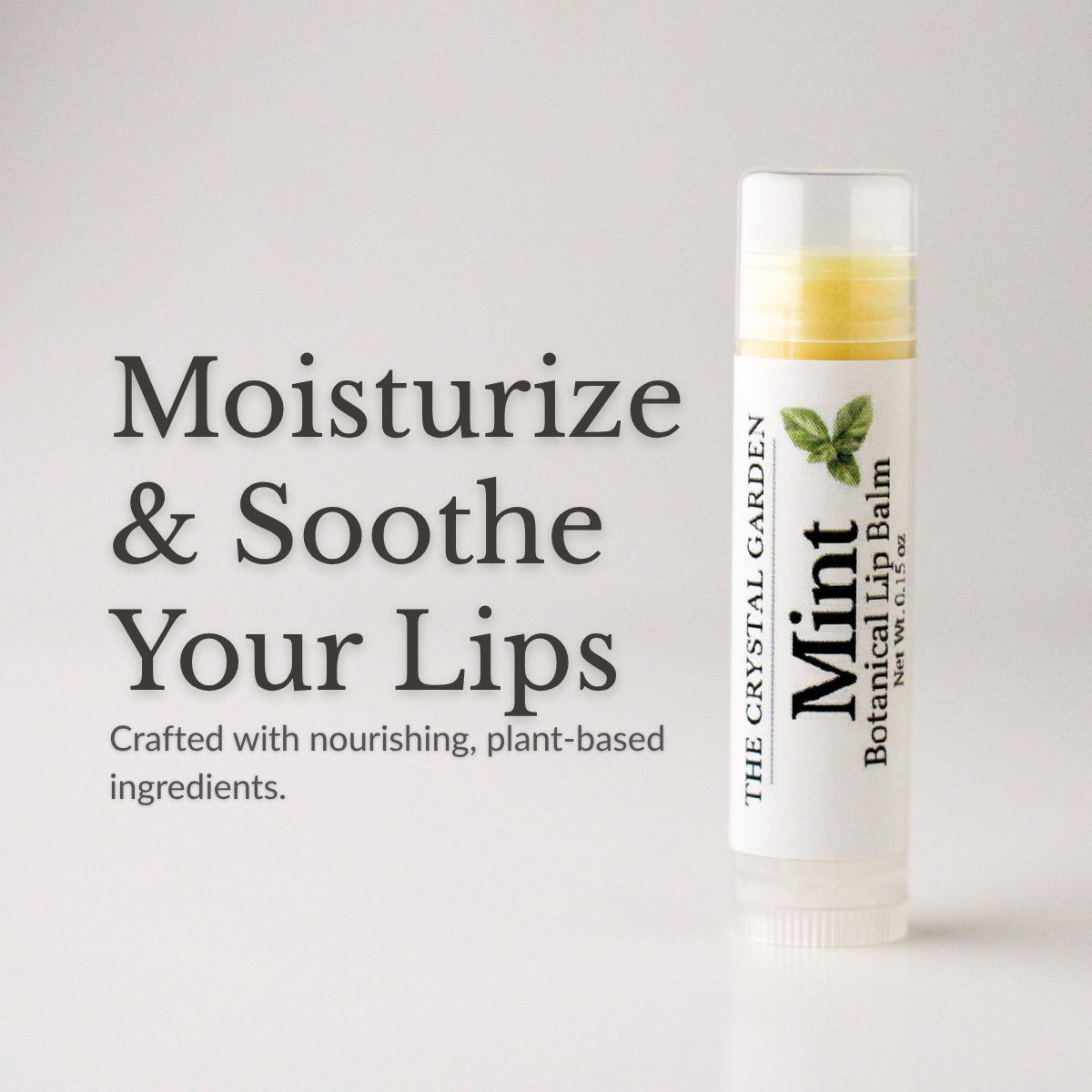 A tube of mint botanical lip balm from The Crystal Garden stands on a white surface against a light gray background, next to promotional text that reads 'Moisturize & Soothe Your Lips.'.