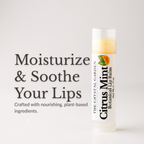 A tube of The Crystal Garden Botanical Lip Balm in Citrus Mint is shown on a light gray background next to promotional text that reads 'Moisturize & Soothe Your Lips'. The lip balm tube is white with a clear cap and features a label with green and orange citrus graphics.