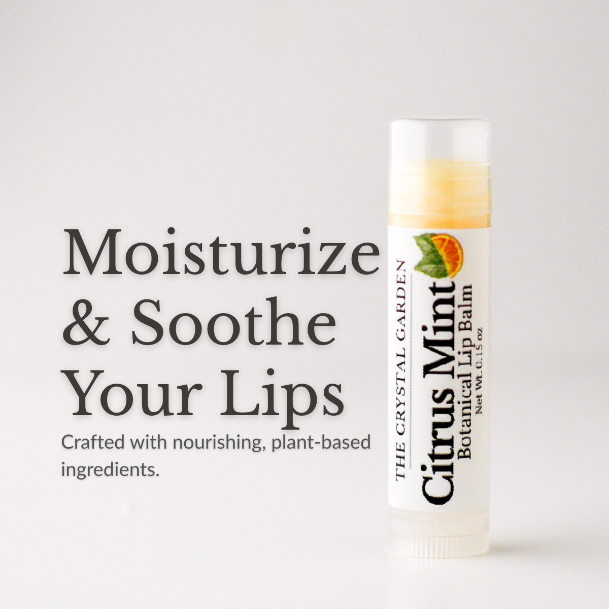 A tube of The Crystal Garden Botanical Lip Balm in Citrus Mint is shown on a light gray background next to promotional text that reads 'Moisturize & Soothe Your Lips'. The lip balm tube is white with a clear cap and features a label with green and orange citrus graphics.