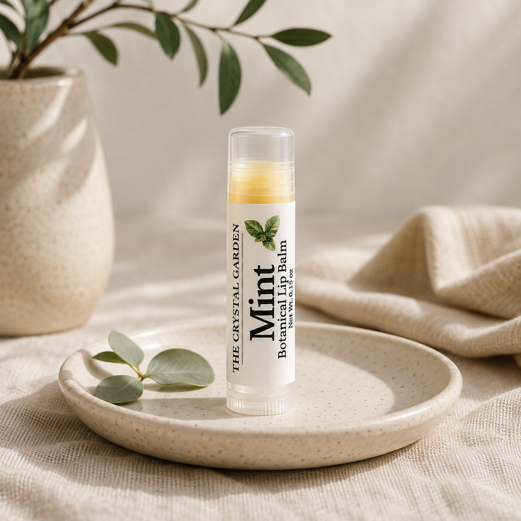 A tube of mint botanical lip balm by The Crystal Garden sits on a speckled ceramic dish, styled with eucalyptus leaves and a neutral linen cloth.