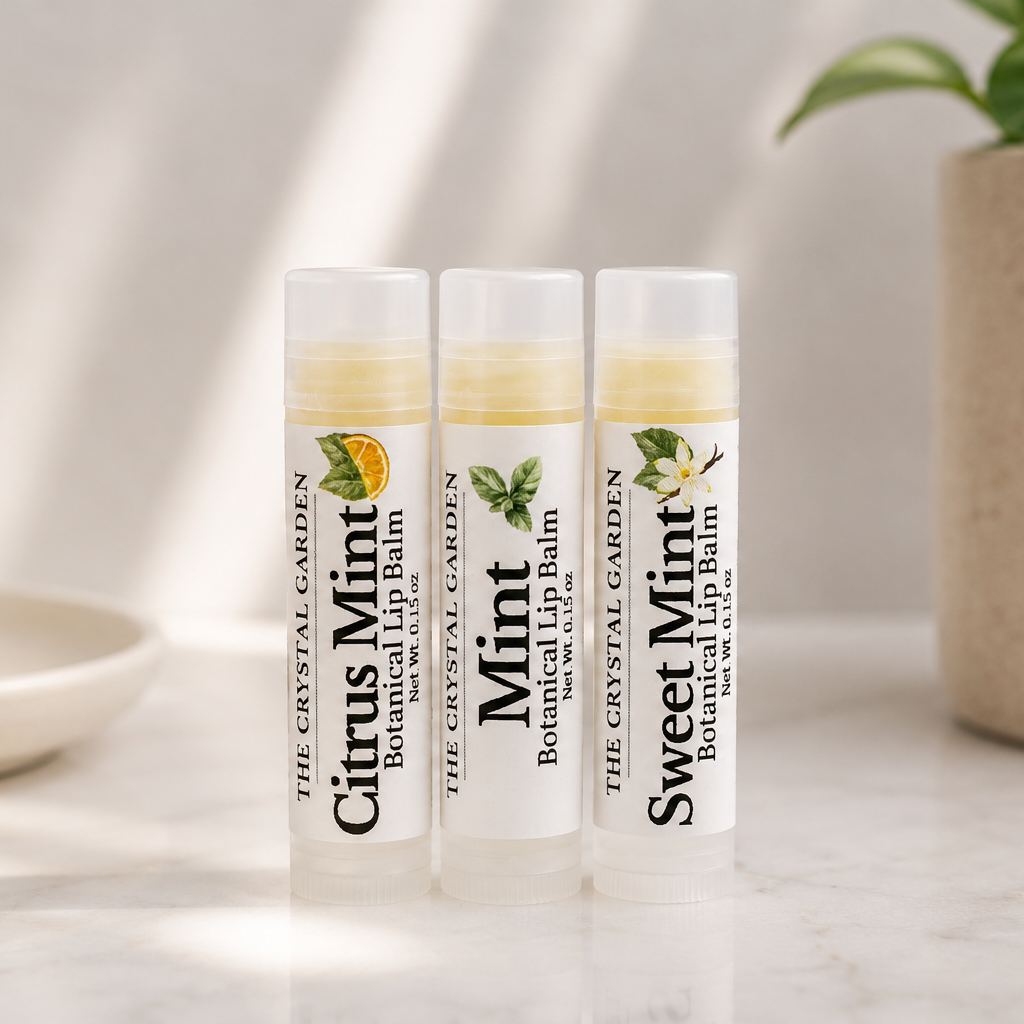 Three lip balm tubes from The Crystal Garden Botanical Lip Balm stand on a light marble surface. The tubes are white with clear caps and feature labels for Citrus Mint, Mint, and Sweet Mint, with botanical illustrations.