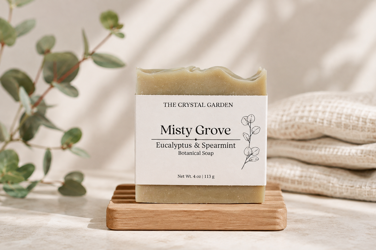 A bar of The Crystal Garden Misty Grove Eucalyptus & Spearmint Botanical Soap resting on a small wooden soap dish. The soap is a muted sage green with a white paper label.