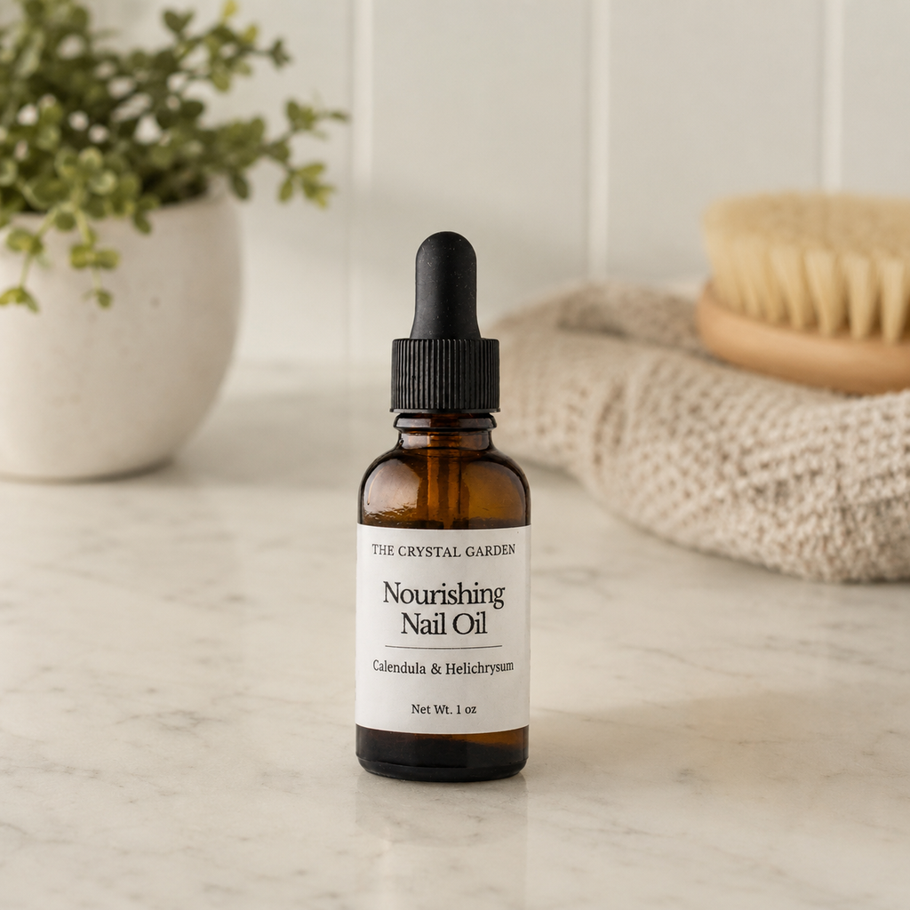 A small amber glass dropper bottle labeled 'The Crystal Garden Nourishing Nail Oil' stands on a light marble surface with a blurred bathroom-style background including a plant, towel, and brush.