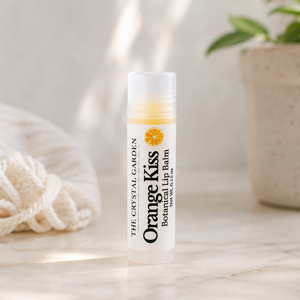 A tube of The Crystal Garden Orange Kiss Botanical Lip Balm stands on a light marble surface, with a cream knit blanket on the left and a potted plant in the background.