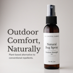 A 2 oz amber spray bottle of The Crystal Garden Natural Bug Spray with a white label and black spray nozzle, shown next to the text 'Outdoor Comfort, Naturally' on a light gray background.