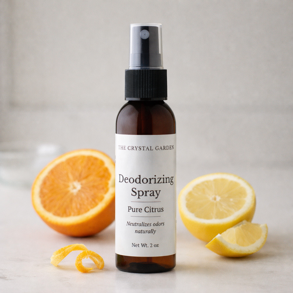 A 2 oz amber glass spray bottle of The Crystal Gardens Deodorizing Spray in Pure Citrus scent, styled with fresh orange and lemon halves and a curled orange peel on a light marble surface.