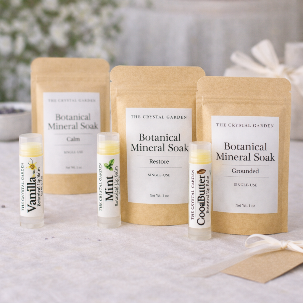 Three kraft paper pouches of The Crystal Gardens Botanical Mineral Soak in Calm, Restore, and Grounded flavors, alongside three single-use lip balm tubes labeled Vanilla, Mint, and Coconut Butter, arranged on a light marble surface.