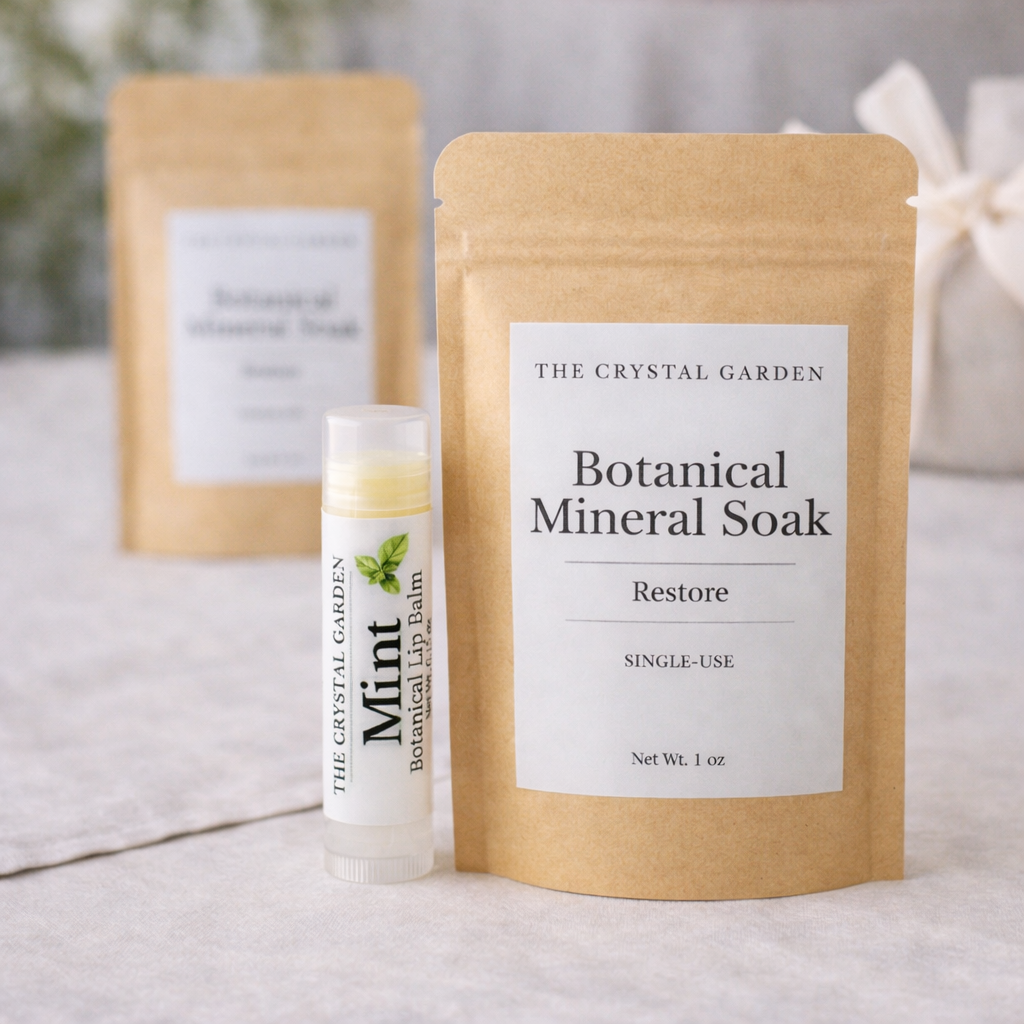 A single-use botanical mineral soak pouch in kraft paper packaging stands next to a mint-flavored botanical lip balm tube on a light fabric surface, with a second pouch blurred in the background.