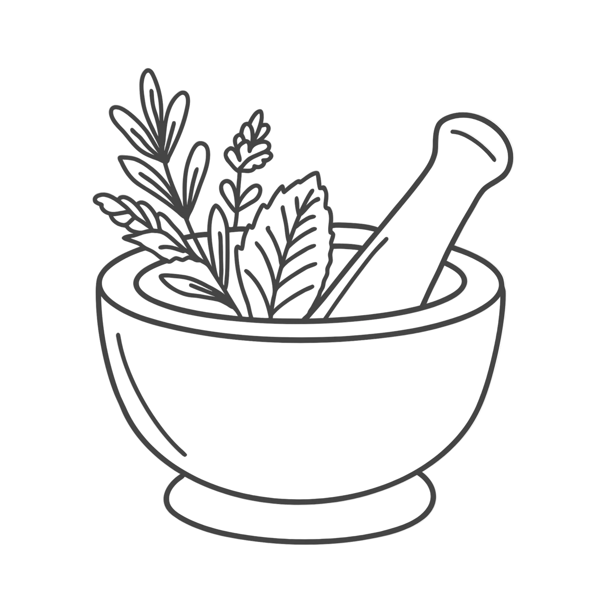 Black and white line art illustration of a mortar and pestle filled with herbs, shown on a plain white background.