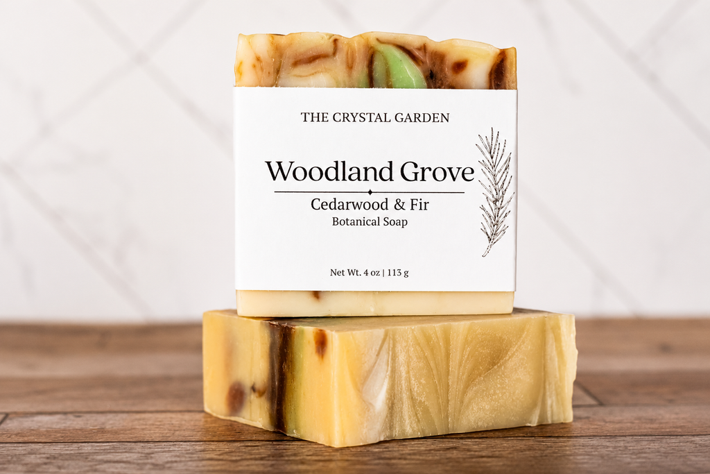 A bar of soap labeled 'Woodland Grove' by The Crystal Garden, stacked on another soap bar on a wooden surface against a light marble background.