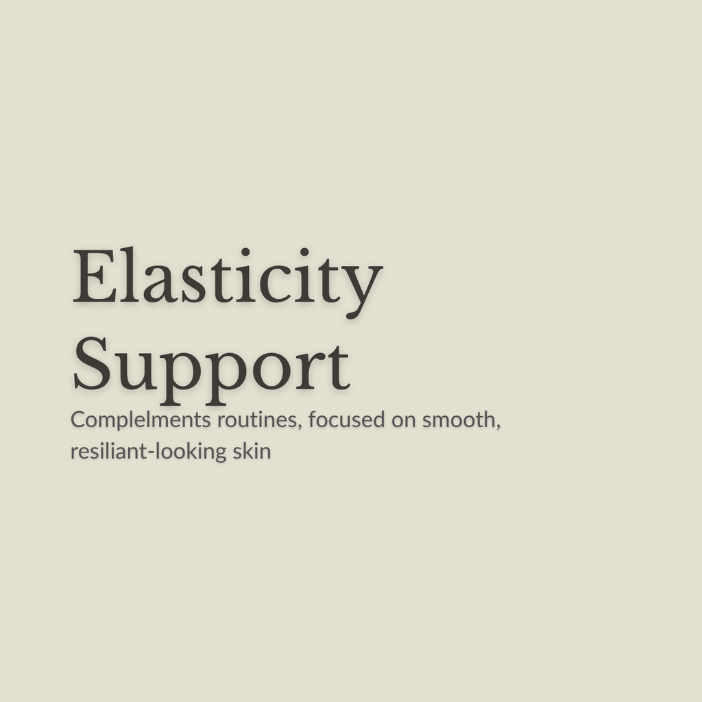 Text-only graphic on a warm beige background reading 'Elasticity Support' with smaller text below: 'Complements routines, focused on smooth, resilient-looking skin'.
