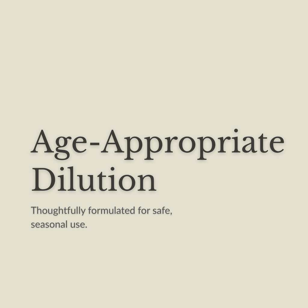 Text on a plain warm beige background reading 'Age-Appropriate Dilution' with smaller text below, 'Thoughtfully formulated for safe, seasonal use.'.