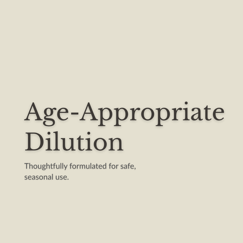 Text on a plain warm beige background reading 'Age-Appropriate Dilution' with smaller text below, 'Thoughtfully formulated for safe, seasonal use.'.